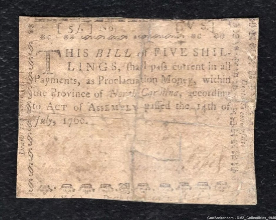 1760 North Carolina Colonial Currency Note Money - US Coins / Currency ...