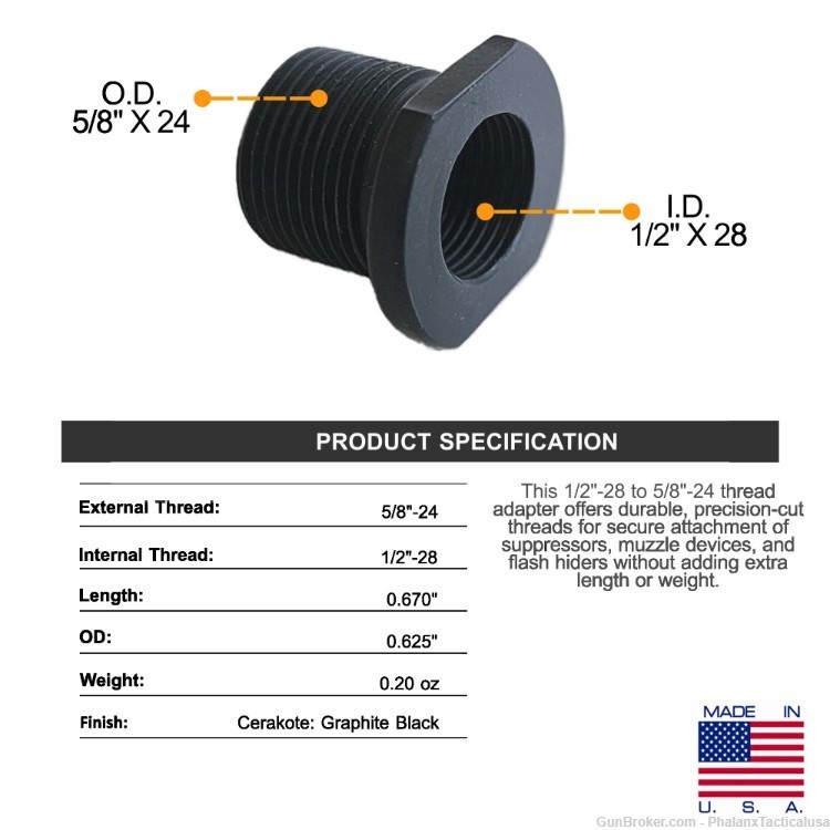 Phalanx Tactical 1 2 28 To 5 8 24 Thread Adapter Precision CNC phalanx-tactical-1-2-28-to-5-8-24-thread-adapter-precision-cnc