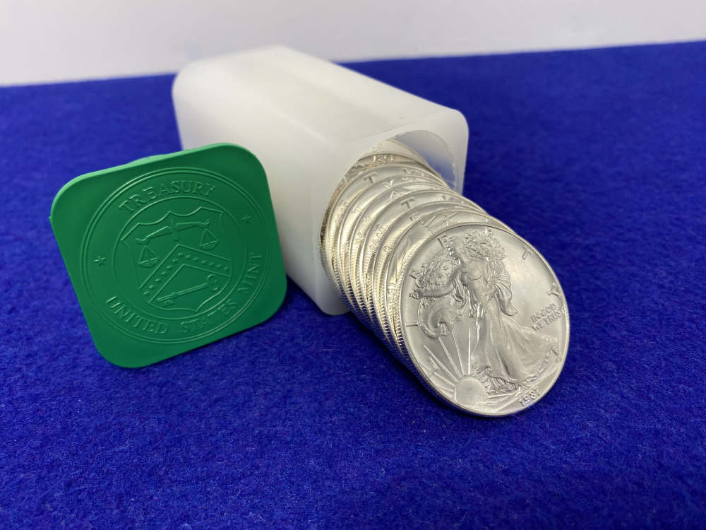 20) Silver Eagle *DESIRABLE 1987 DATE* Full Tube 20 Troy Ounces SILVER *BU*-img-0