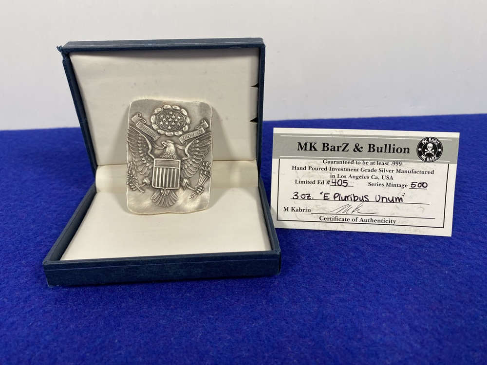 -SILVER- MK BarZ & Bullion 3oz "E Pluribus Unum" Limited Edt 405 of 500 -img-0
