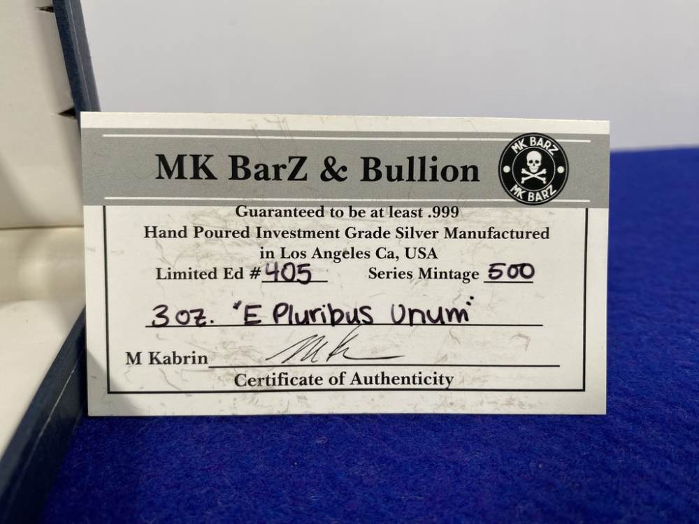 -SILVER- MK BarZ & Bullion 3oz "E Pluribus Unum" Limited Edt 405 of 500 -img-3