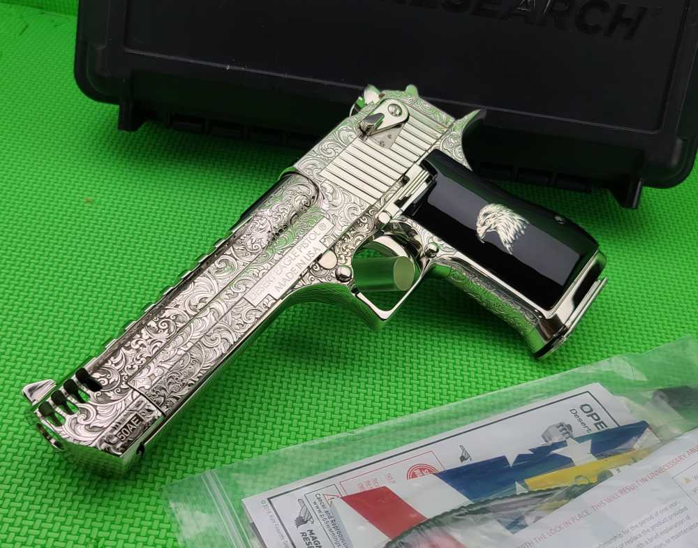 MAGNUM RESEARCH DESERT EAGLE 50AE HAND ENGRAVED NICKEL DK50IMB IN THE BOX-img-0