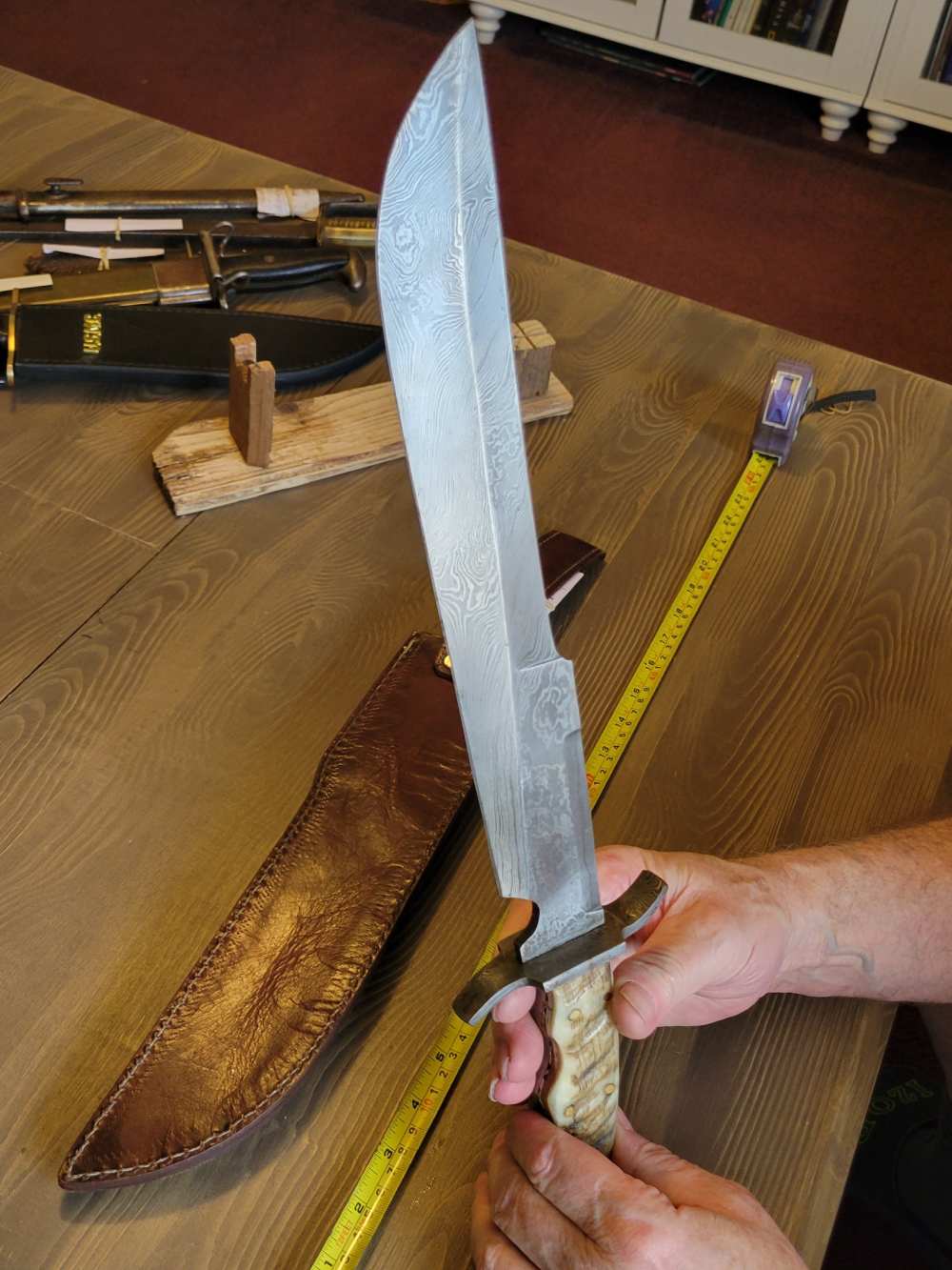 LARGE! Ram Horn Handle Damascas Bowie Knife & Sheath-img-15