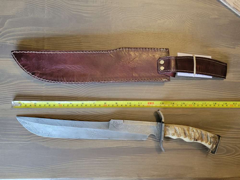 LARGE! Ram Horn Handle Damascas Bowie Knife & Sheath-img-7