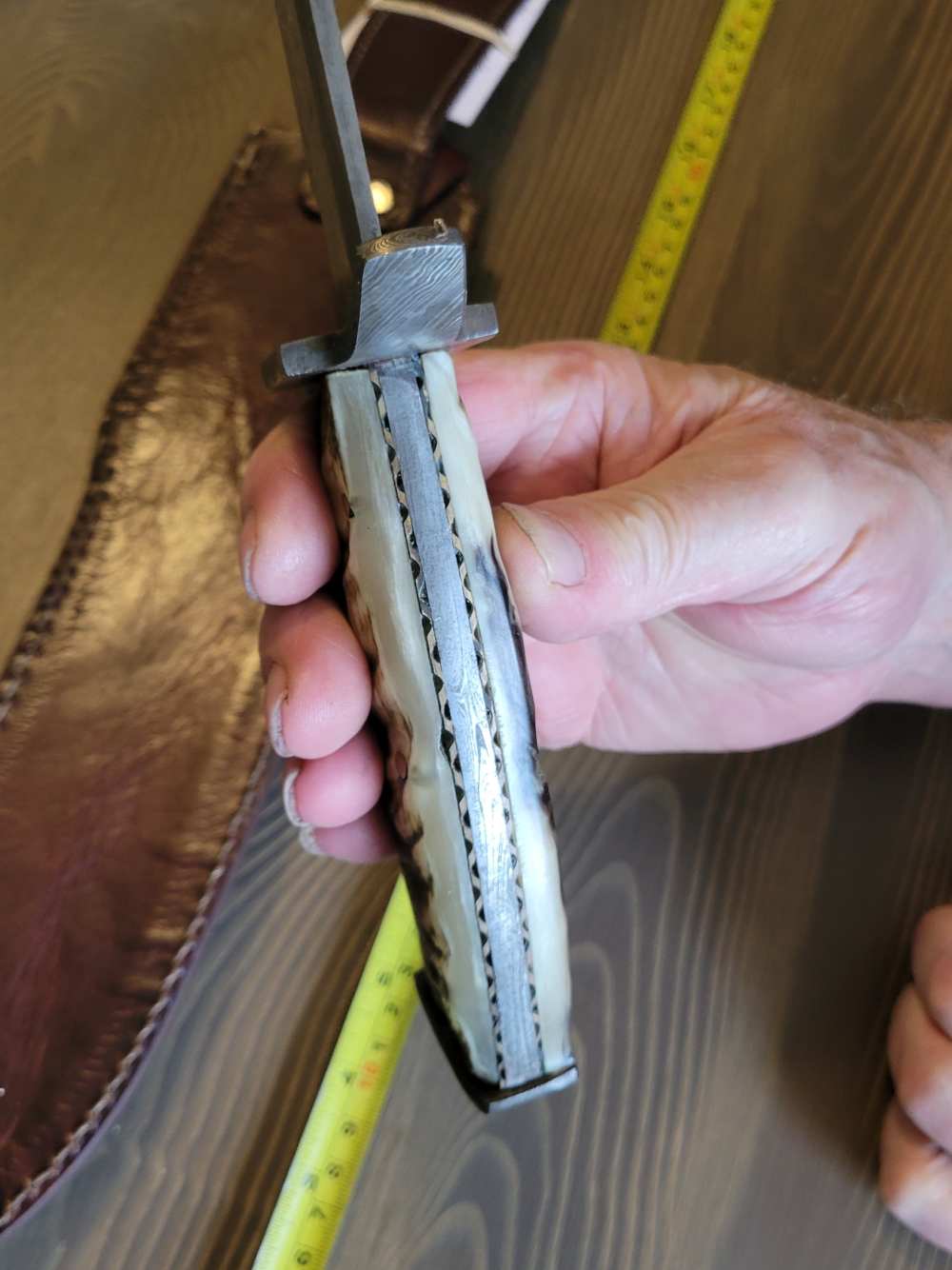 LARGE! Ram Horn Handle Damascas Bowie Knife & Sheath-img-13