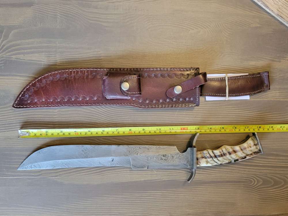 LARGE! Ram Horn Handle Damascas Bowie Knife & Sheath-img-3