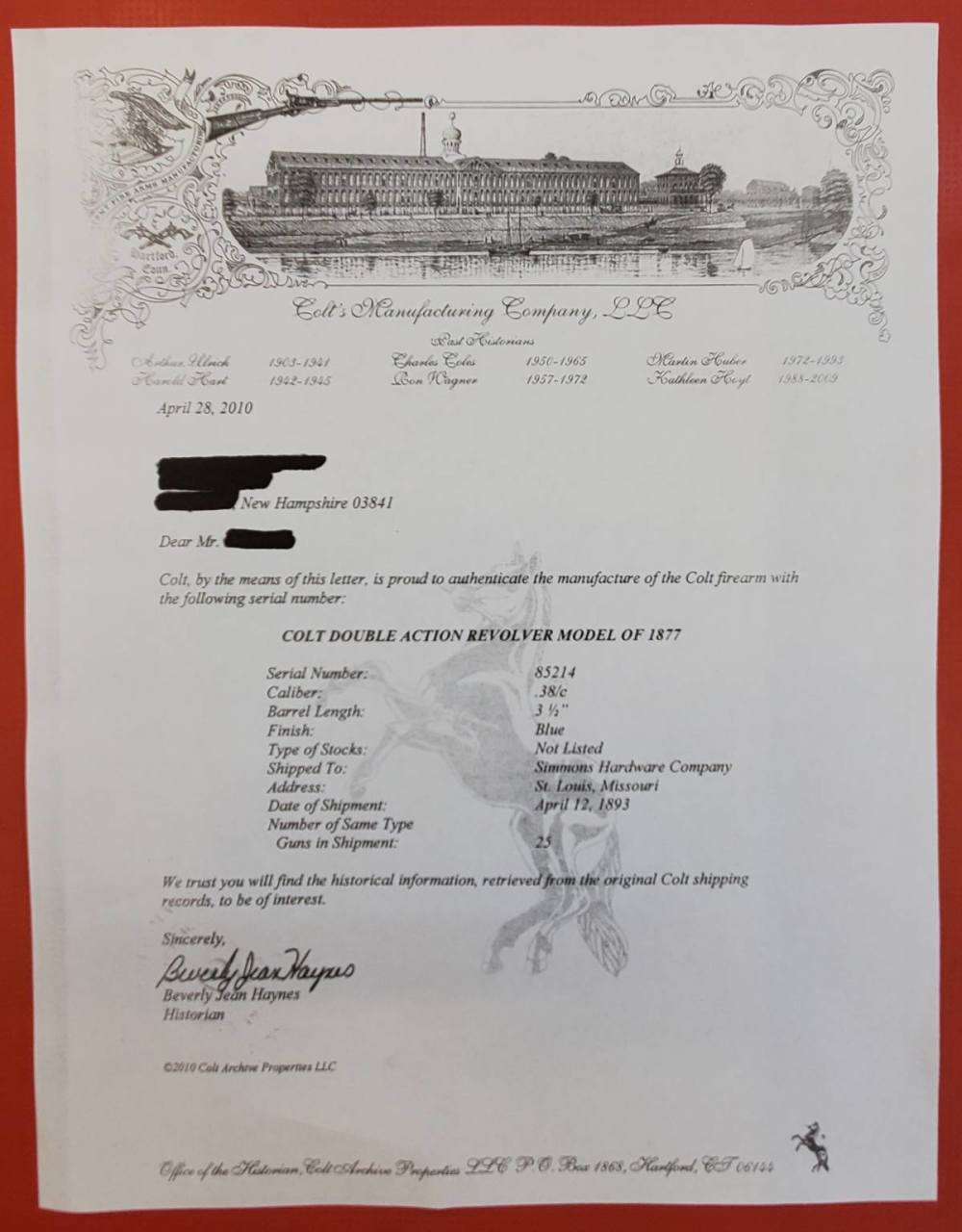COLT 1877 .38LC 38 LONG COLT CERTIFICATE OF AUTHENTICITY -img-3
