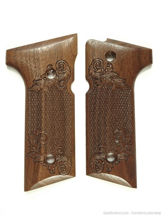 Walnut Floral Checkered Beretta 92x,Vertec, M9A3 Grips Engraved Textured-img-1