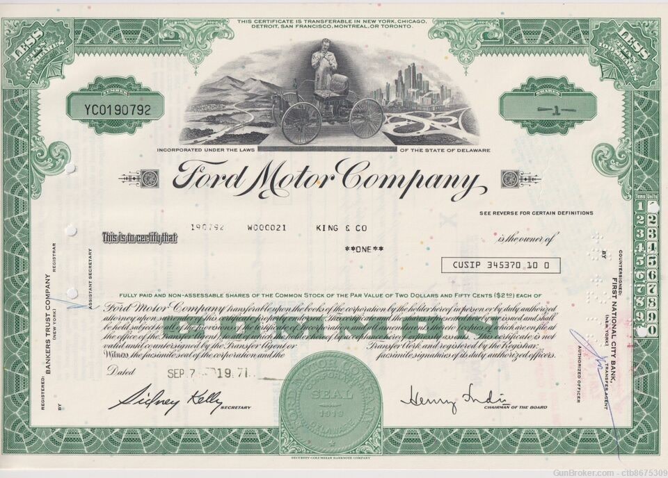 1971 Ford Motor Company Stock Certificate -img-0