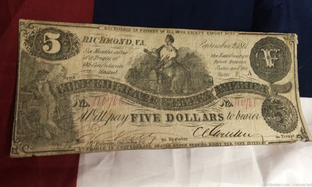 Confederate States of America $5 note Commerce Seated on Cotton Bale-img-0