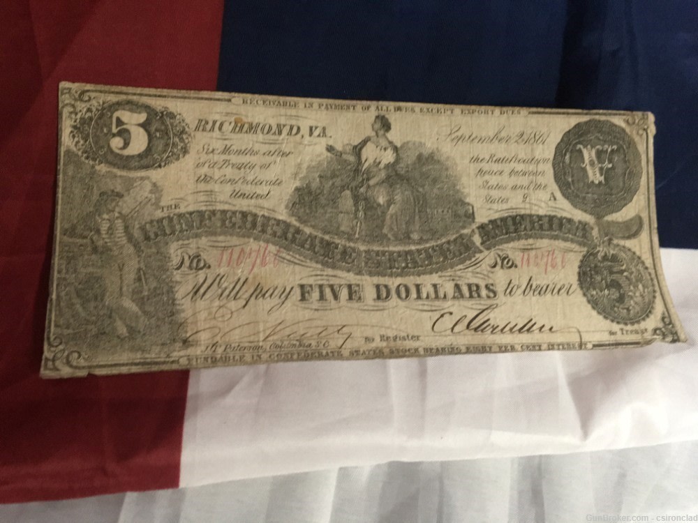 Confederate States of America $5 note Commerce Seated on Cotton Bale-img-2