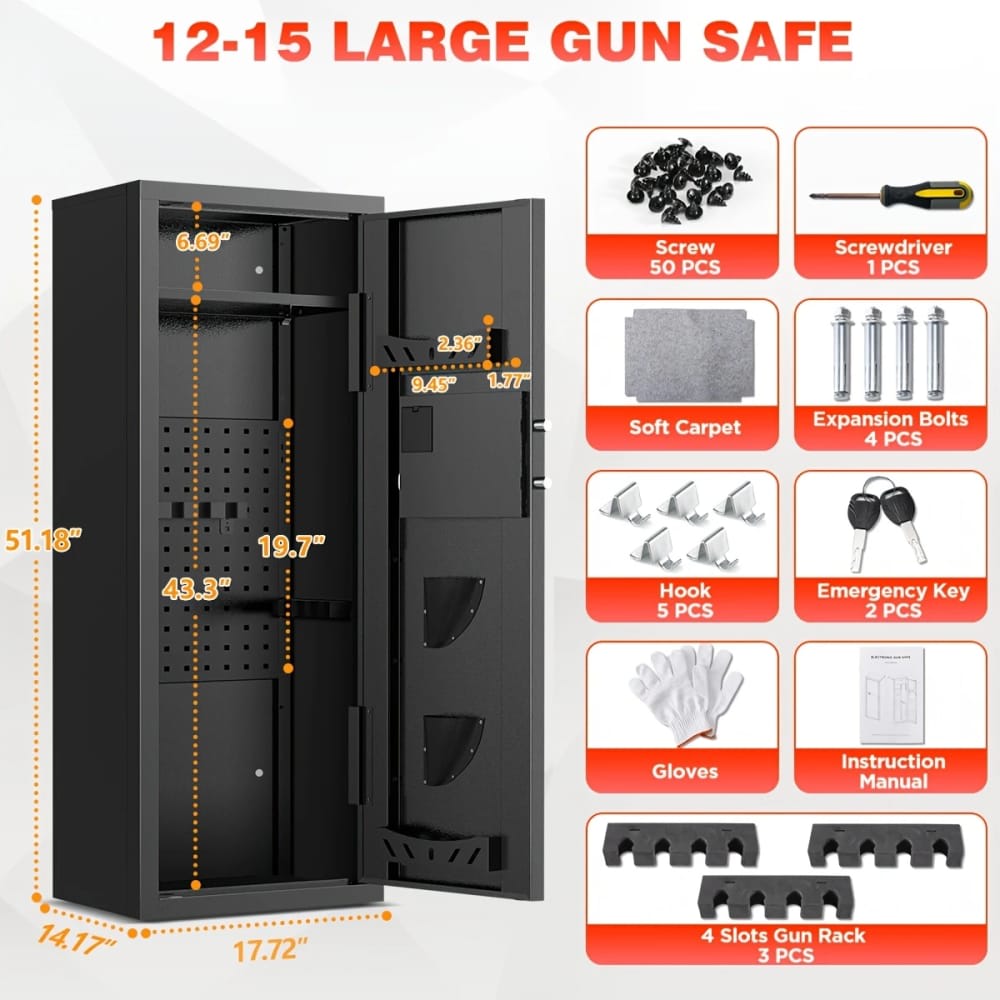 Large Gun Safe w/Code + Key Entry + Motion Alarm 51"x14"x18" G57-img-2