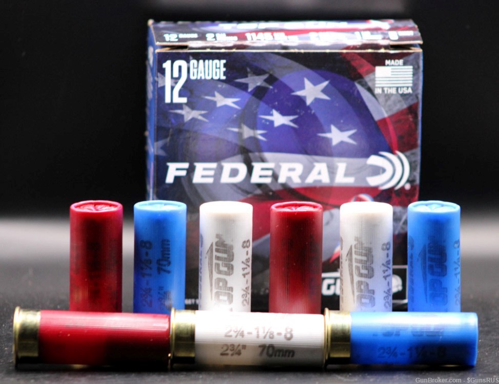 12 GA Federal Red White & Blue Shells TOP GUN No.8 2¾" Special Edition 100 -img-1