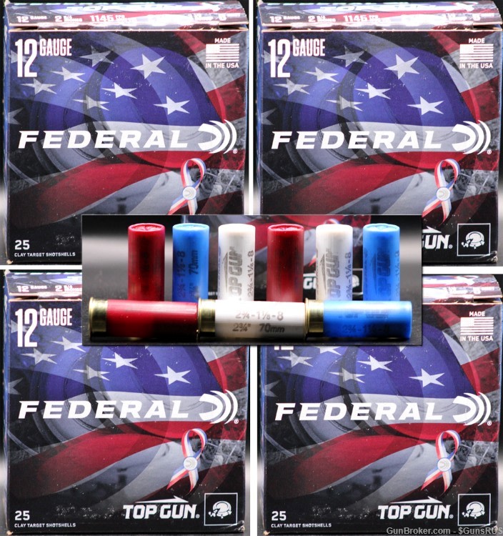 12 GA Federal Red White & Blue Shells TOP GUN No.8 2¾" Special Edition 100 -img-0