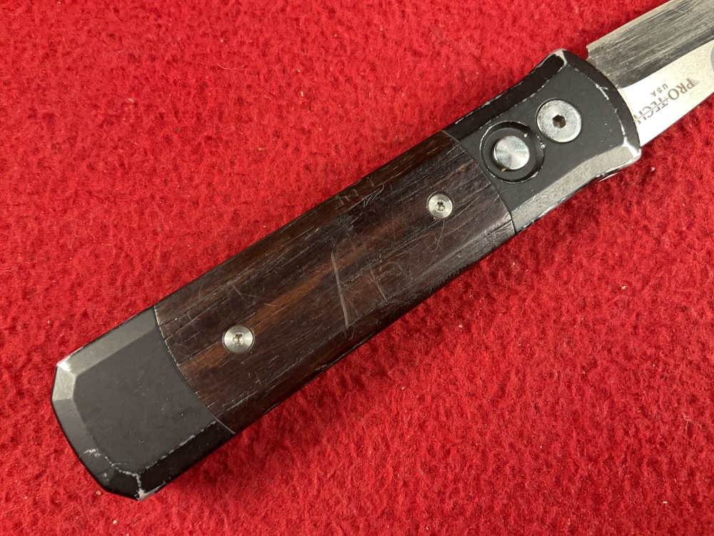 Vintage PROTECH GODSON knife used wood handle 154 steel blade -img-2
