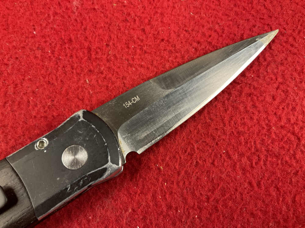 Vintage PROTECH GODSON knife used wood handle 154 steel blade -img-5