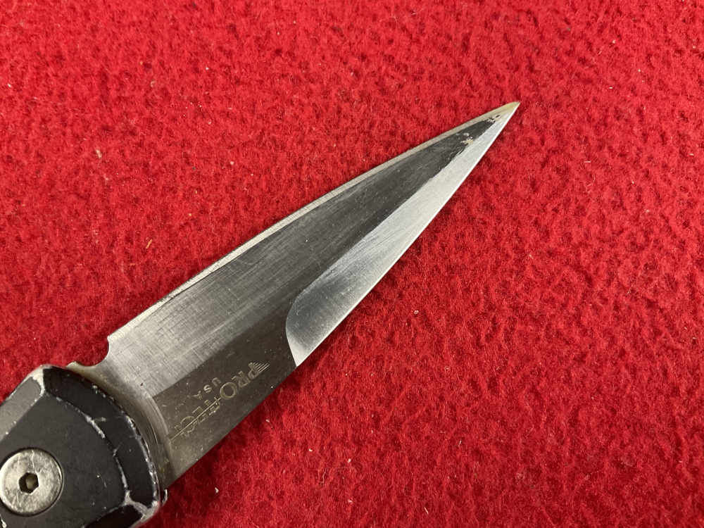 Vintage PROTECH GODSON knife used wood handle 154 steel blade -img-4