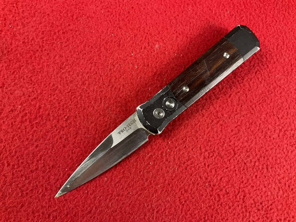 Vintage PROTECH GODSON knife used wood handle 154 steel blade -img-0