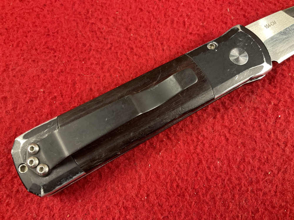Vintage PROTECH GODSON knife used wood handle 154 steel blade -img-6