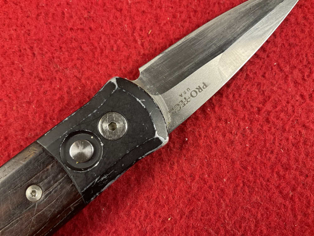 Vintage PROTECH GODSON knife used wood handle 154 steel blade -img-3