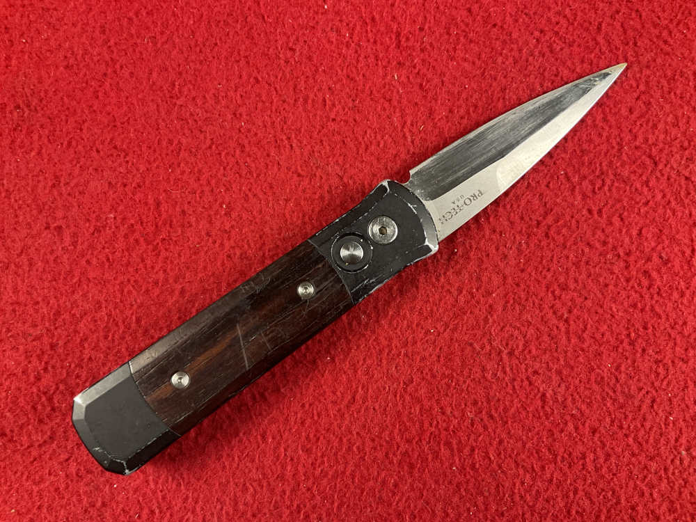 Vintage PROTECH GODSON knife used wood handle 154 steel blade -img-1