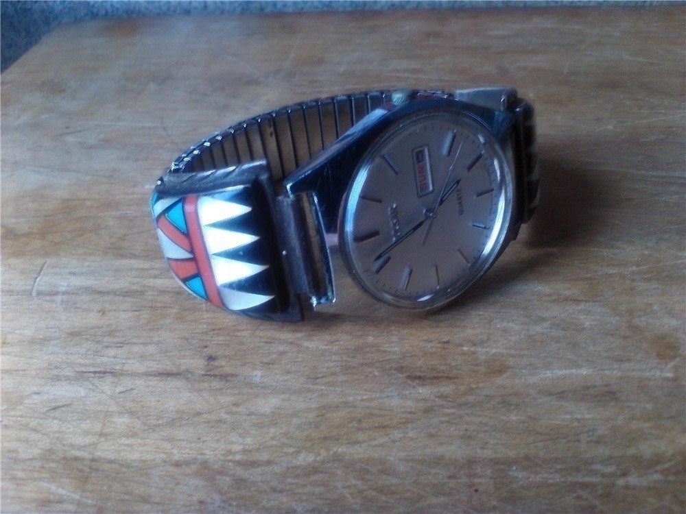 Men's Zuni  Multi Stone Geometric Inlay Sterling Silver Watch band w/Pulsar-img-1