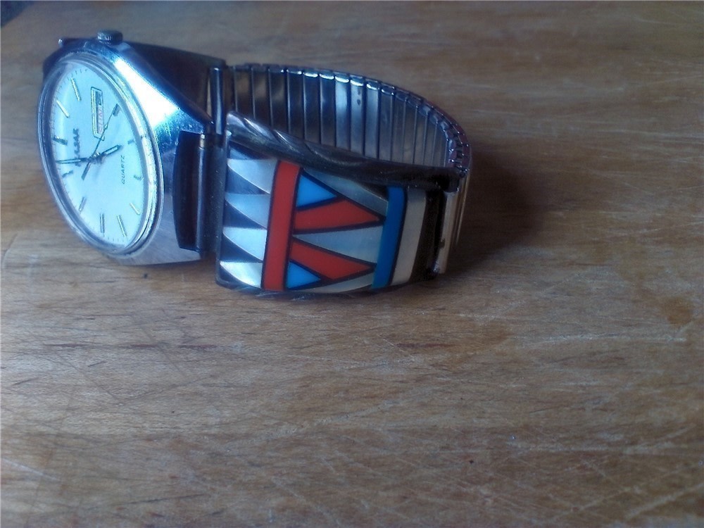 Men's Zuni  Multi Stone Geometric Inlay Sterling Silver Watch band w/Pulsar-img-0