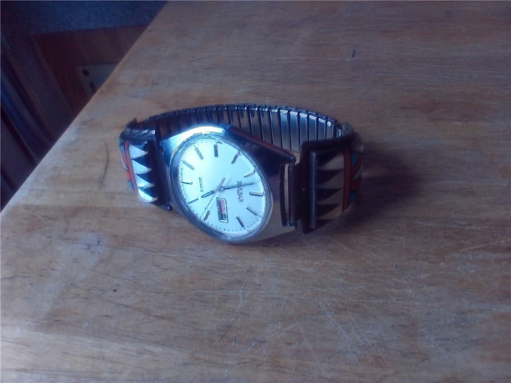 Men's Zuni  Multi Stone Geometric Inlay Sterling Silver Watch band w/Pulsar-img-6