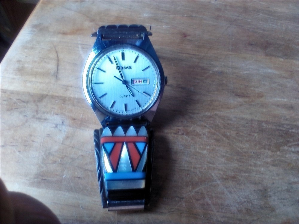 Men's Zuni  Multi Stone Geometric Inlay Sterling Silver Watch band w/Pulsar-img-3