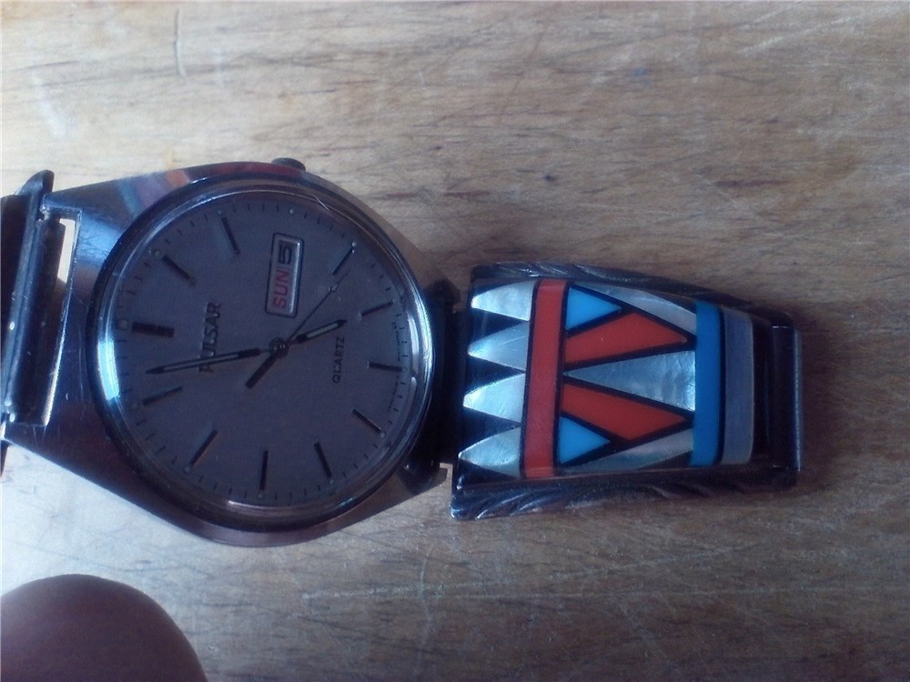 Men's Zuni  Multi Stone Geometric Inlay Sterling Silver Watch band w/Pulsar-img-2