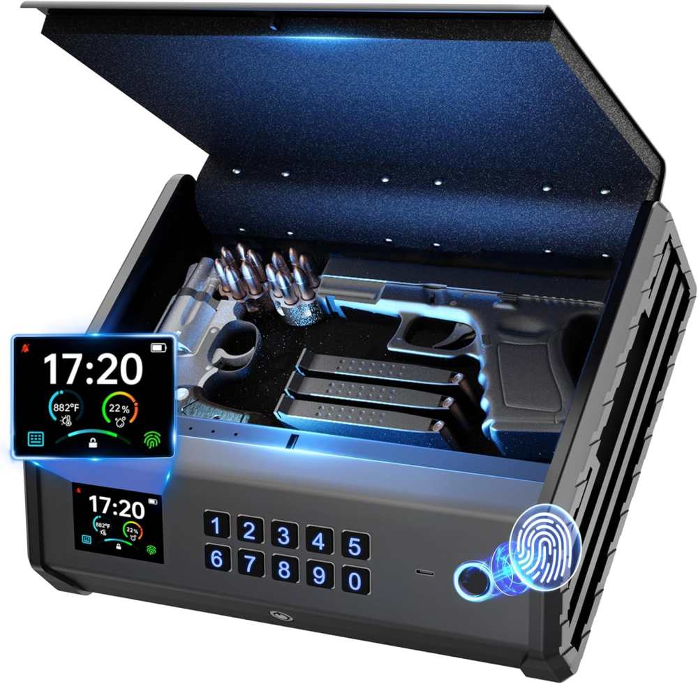 Pistol Gun Safe w/Temp+Humid & Fingerprint/Code + Key Access 12"x10"x4"A35-img-0