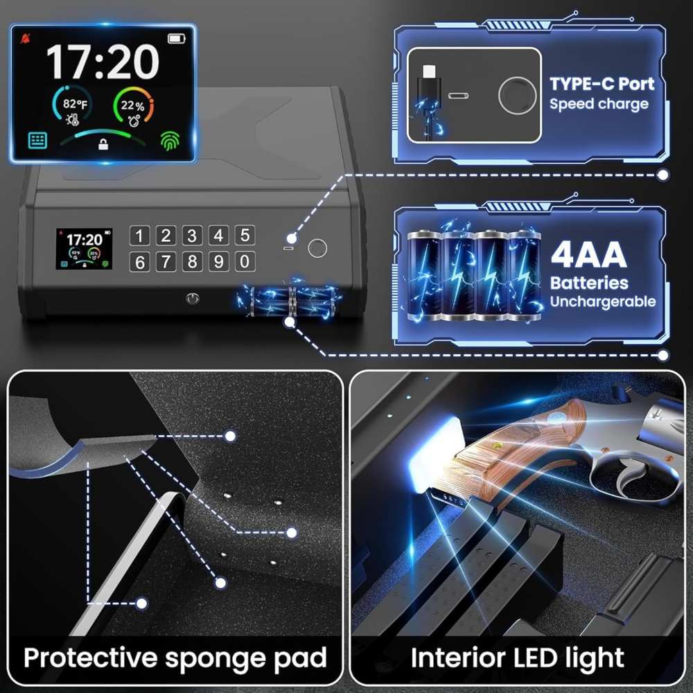 Pistol Gun Safe w/Temp+Humid & Fingerprint/Code + Key Access 12"x10"x4"A35-img-3