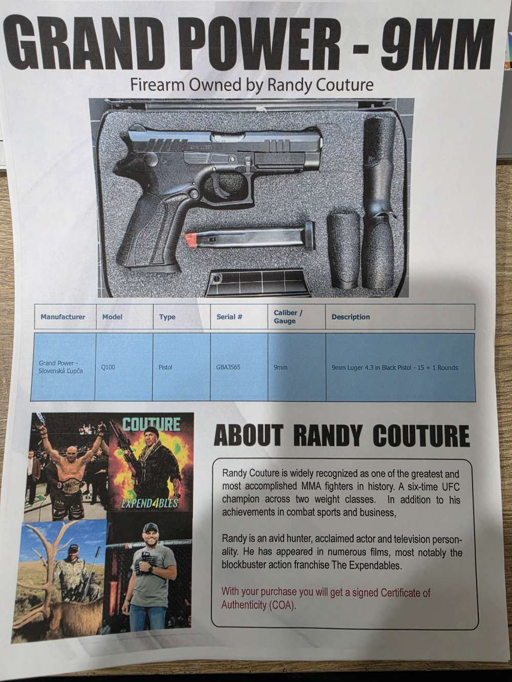 GRAND POWER Q100 9MM PISTOL OWNED BY 6 TIME UFC CHAMPION RANDY COUTURE-img-7