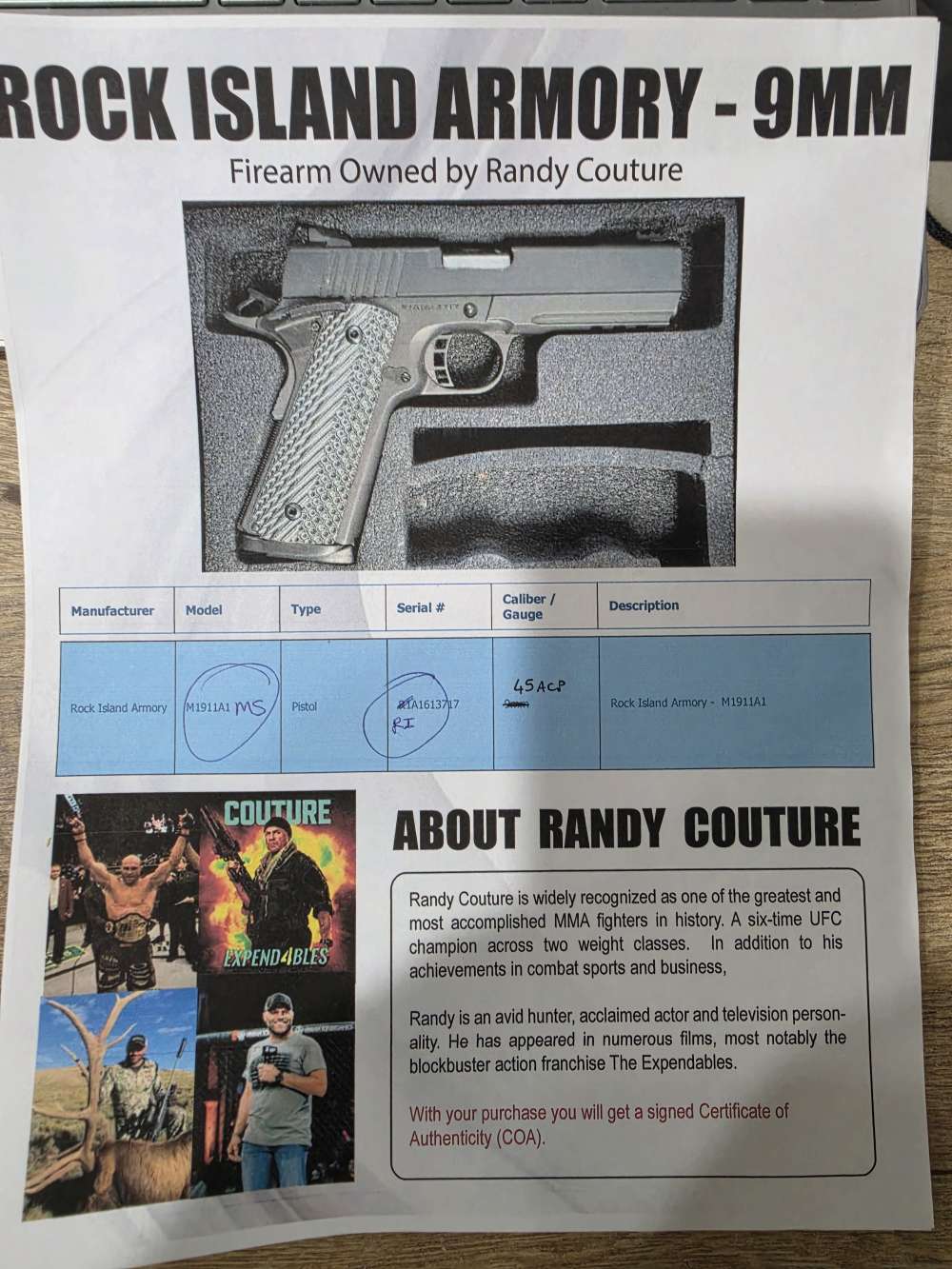 ROCK ISLAND ARMORY M1911A1 MS TACTICAL OWNED BY UFC CHAMPION RANDY COUTURE-img-7