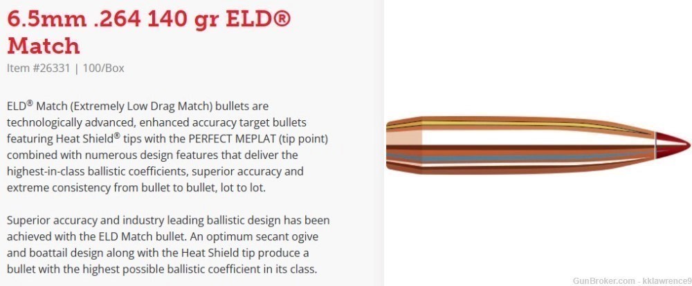 HORNADY 26331 - 6.5 MM CAL .264 DIA - 140 GR ELD MATCH - 100 CT (NIB)-img-1