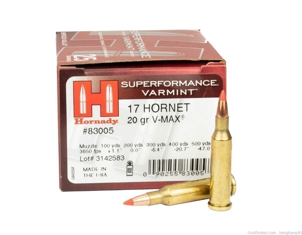 Hornady Superformance Varmint 17 Hornet 20 grain V-Max #83005 , 25 rounds-img-0