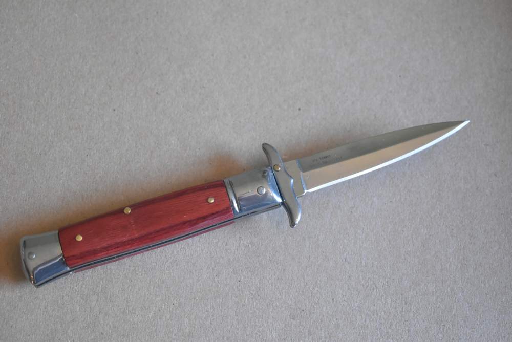 8.25" Automatic, Swinguard, Switchblade Knife, Red Hard Wood Handles-img-0