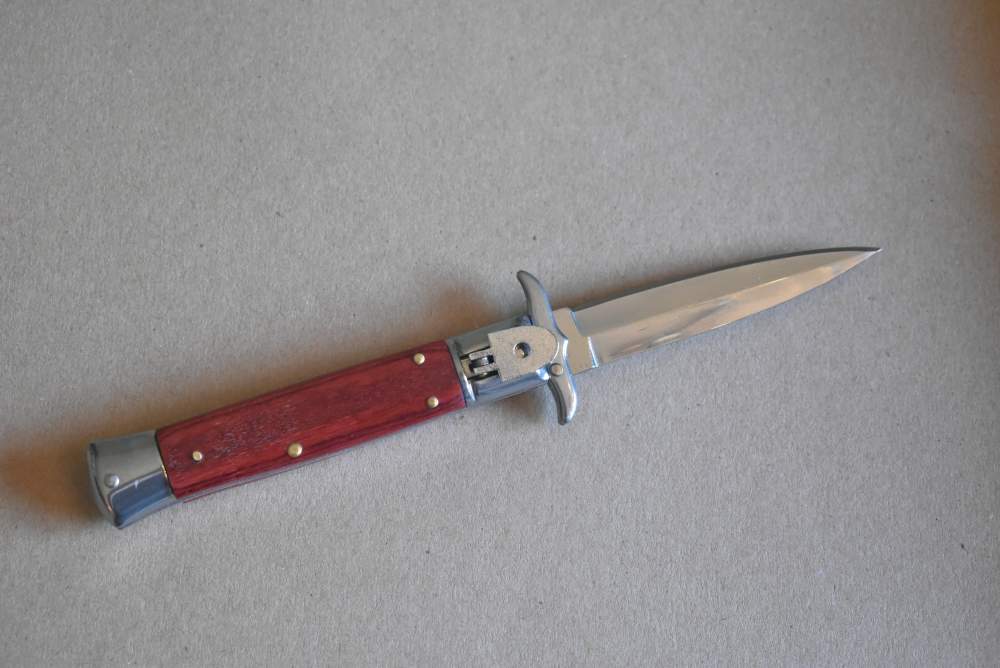 8.25" Automatic, Swinguard, Switchblade Knife, Red Hard Wood Handles-img-1