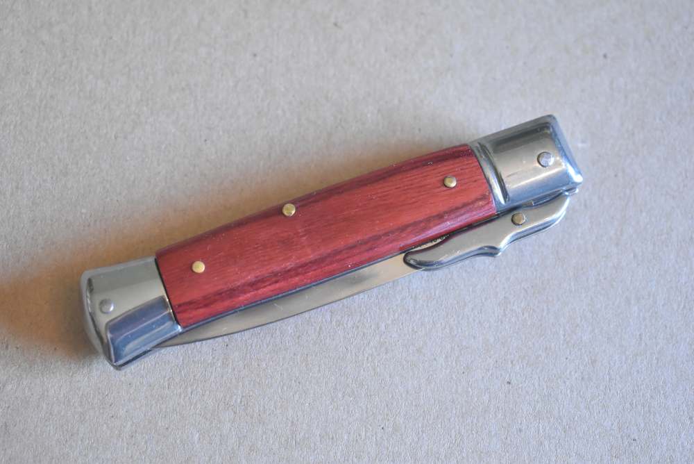 8.25" Automatic, Swinguard, Switchblade Knife, Red Hard Wood Handles-img-3