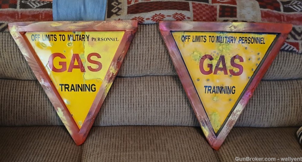 2 Military Gas Signs Old Shot Up Repaired Training Trainning very rare sign-img-0