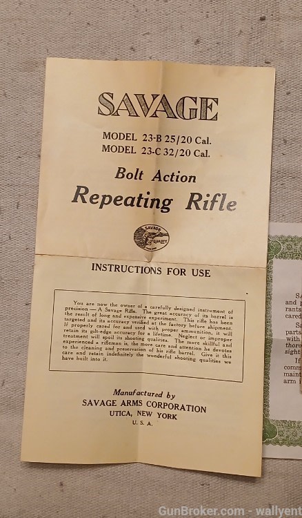 Savage Arms Corp Model 23BNC Rifle Manual Factory Original 25/20 & 32/20  -img-3