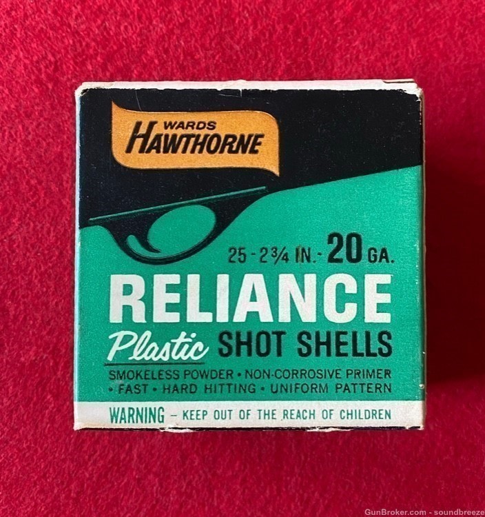 SCARCE VINTAGE 1965 FULL BOX 20 GA WARDS HAWTHORNE RELIANCE SHOTGUN SHELLS-img-5