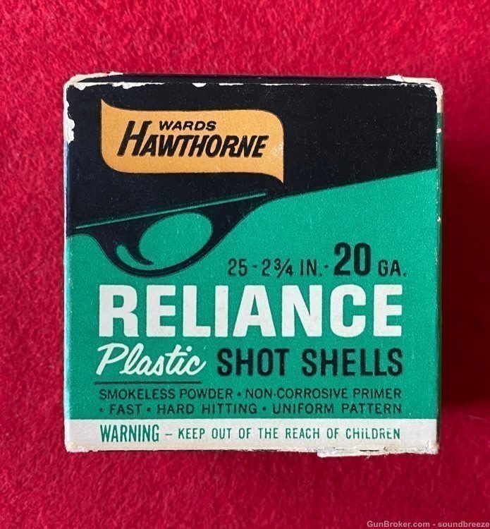 SCARCE VINTAGE 1965 FULL BOX 20 GA WARDS HAWTHORNE RELIANCE SHOTGUN SHELLS-img-1