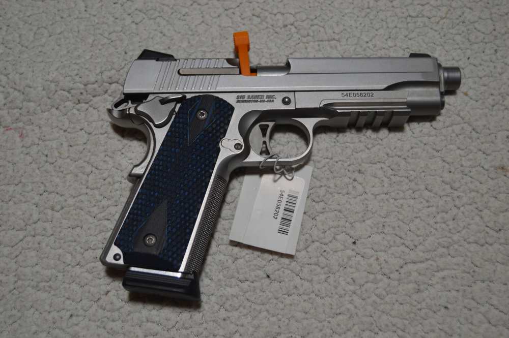 IN BOX Sig Sauer 1911 Stainless Rail Night Sights Checkered Strap G10 Grips-img-2