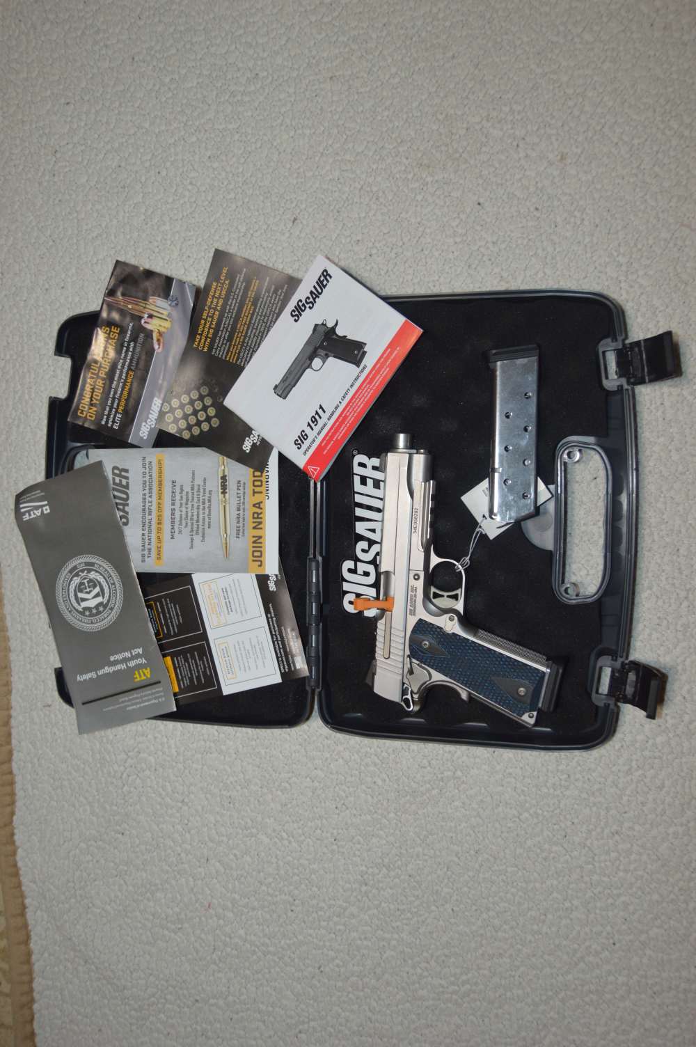 IN BOX Sig Sauer 1911 Stainless Rail Night Sights Checkered Strap G10 Grips-img-0