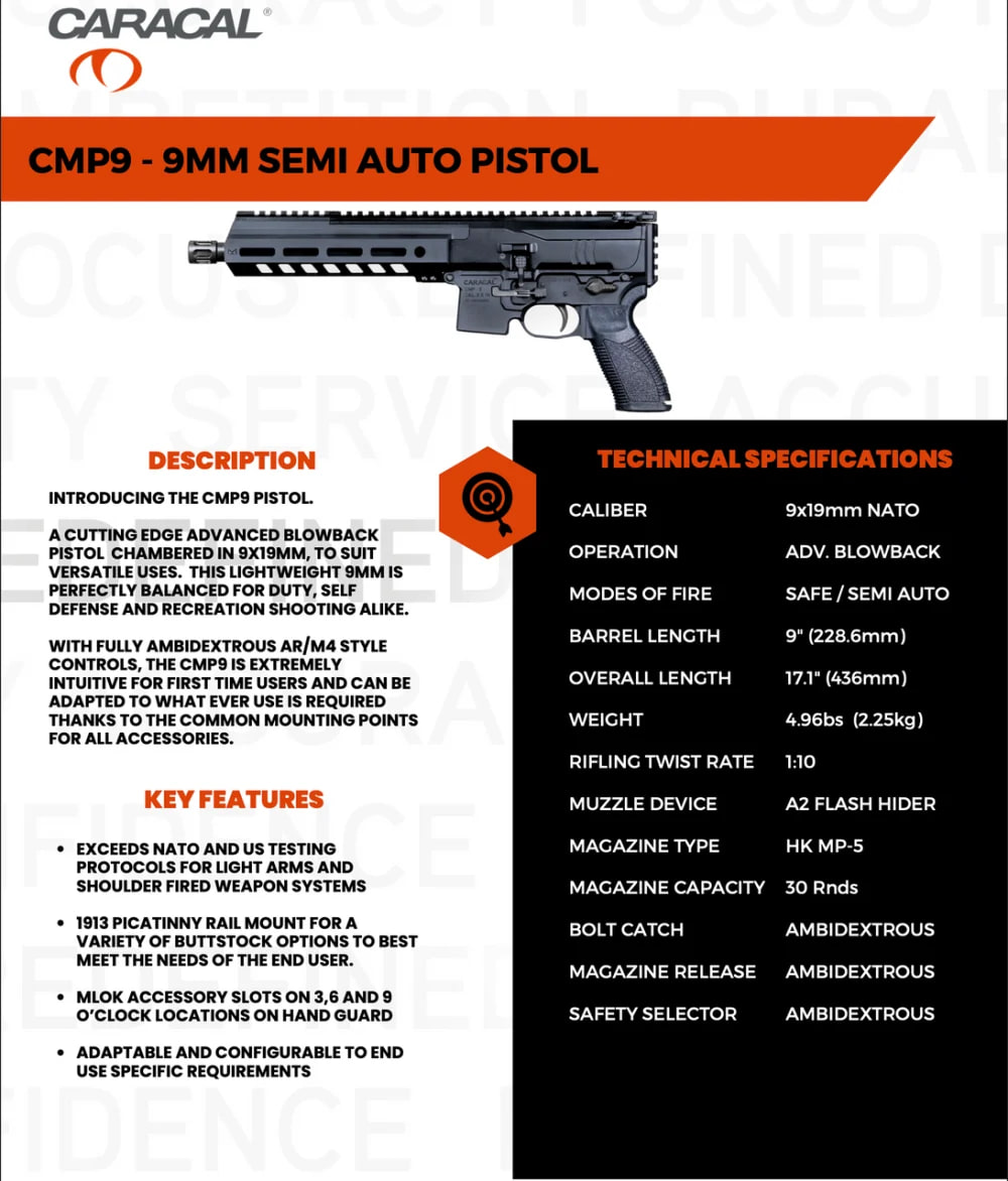 Caracal CMP9 9" 9MM Pistol w/2 30rd Mags U80021426-img-3