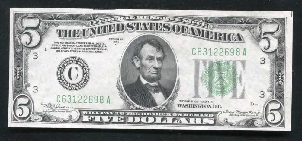 1934 US $5 Federal Reserve Note Money Note Currency w/ Lincoln-img-0