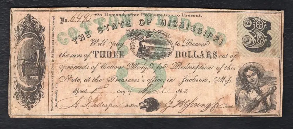 Civil War $3 Mississippi Note Money Currency-img-0
