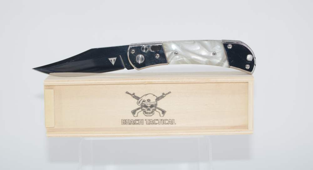 Classic Gentleman's White Pearl Handle Switchblade Automatic Knife w/Safety-img-0