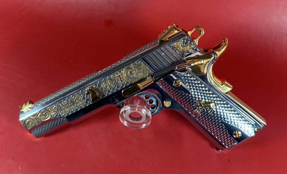 CUSTOM Colt 1911 High Polished Stainless, Engraved, Gold Plated. 45 ACP-img-0